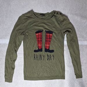 Talbots Olive Green Rainy Day Rain Boots Themed Pullover Knit Sweater Sz XS